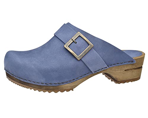 Sanita Urban Offener Clog | Original handgemacht | Leder-Holzclogs für Damen | Nachhaltige Materialen | Taube blau | 36 EU von Sanita