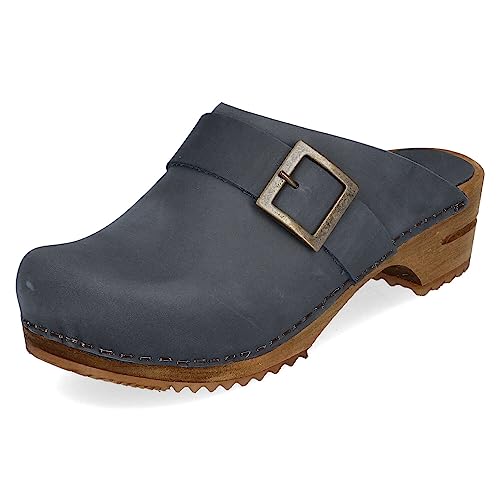 Sanita Urban offener Clog | Original handgemacht | Leder-Holzclogs für Damen | Dunkelblau | 36 EU von Sanita