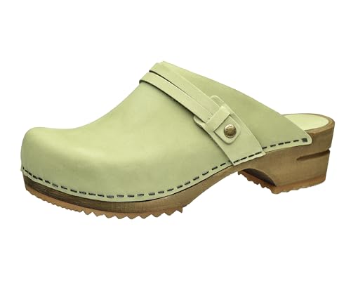 Sanita Ursana offener Clogs | Original handgemacht | Leder-Holzclogs für Damen | Nachhaltige Sohle | Blattgrün | 39 EU von Sanita