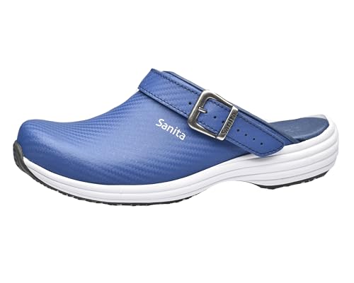 Sanita Wave Carbon offener Clog | Original handgemacht für Damen | Anatomisch geformtes Fußbett mit weichem Schaum | Extrem Rutschhemmende Sohle mit SRC-Level | Fersenriemen | Blau | 37 von Sanita