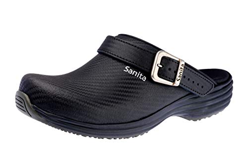 Sanita Wave Carbon offener Clog | Original handgemacht für Damen | Anatomisch geformtes Fußbett mit weichem Schaum | Extrem Rutschhemmende Sohle mit SRC-Level | Fersenriemen | Schwarz | 39 von Sanita