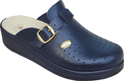 Sanital Light 1372 - Damen Hause Pantolette in Leder mit Gurt - Einlegesohle in leder ANTI-SHOCK - 100% Hergestellt in Italien - BLAU 41 von Sanital Light