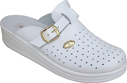 Sanital Light 1372 - Damen Hause Pantolette in Leder mit Gurt - Einlegesohle in Leder Anti-Shock - 100% Hergestellt in Italien - Weiss 36 von Sanital Light