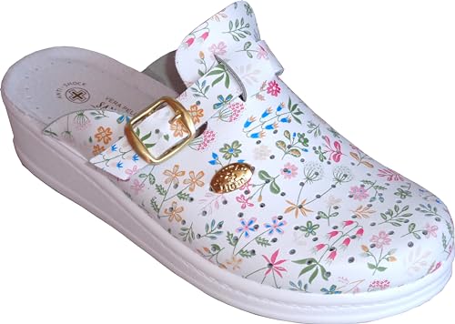 Sanital Light - Hausschuhe aus Leder mit Riemen - Gepolstertes Anti-Shock Fußbett - Leicht und bequem - Hergestellt in Italien - Atmungsaktiv und stabil, Leder, Blumen 1, 38 EU von Sanital Light