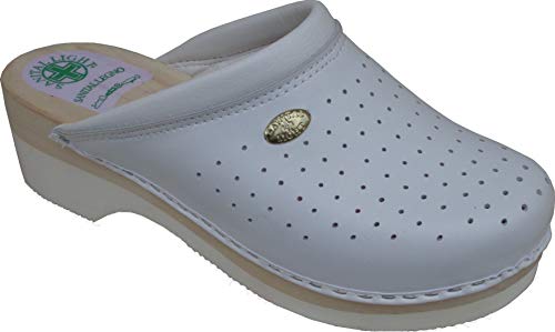 Sanital Light - Clog mit Sohle in Echtem Holz - Licht Micro Anti-Rutsch Gestreift UnterSole - Obermaterial Leder - Weiss 40 von Sanital Light
