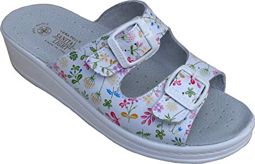 Sanital Light - Damen Pantoletten | Orthopädische Hausschuhe | Made in Italy | Doppelter Schnallenverschluss | Lederpflanzsohle, Blumen 1, Größe 36 EU, Leder von Sanital Light