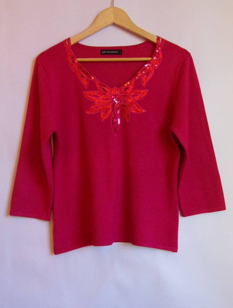 Vintage 80Er Damen Pullover Crimson Strickpullover 3/4 Ärmel V Hals Bestickt Blumen Pailletten Elegant Party Jumper Größe L von SanittasVintage