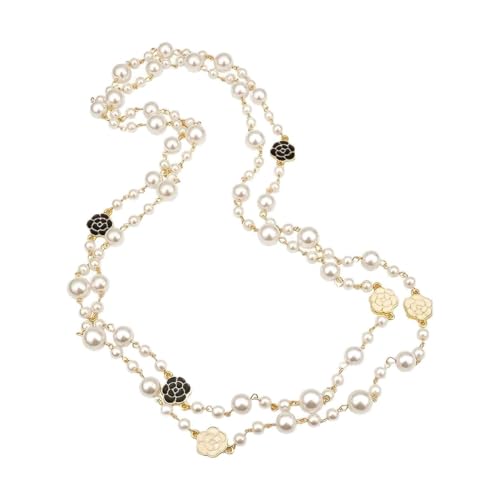 Karma NH10528108 Damenhalskette lang 150 cm Kunstperlen Gold Weiß Halskette Damen Perlenkette Kette Geschenk für Sie Damenschmuck Pulloverkette von Sanixa