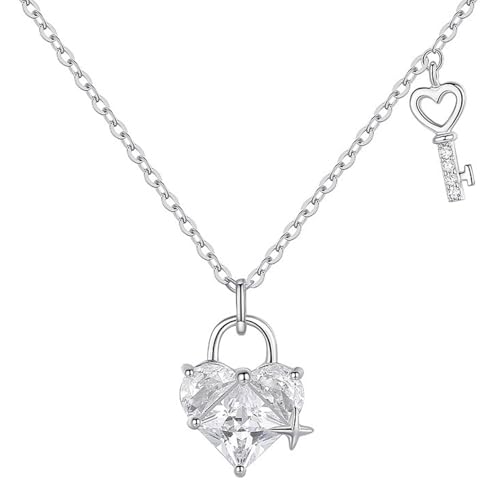 Karma NH11052882 Halskette Herz Schlüssel Damen Silber925 Zirkon Silber Kette 40 cm Federringverschluss Funkelnde Kristallkette Geschenk für Frauen Herzkette von Sanixa