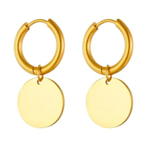 Karma OR1011 Edelstahl Damen Ohrringe Coin-Anhänger 3 cm Gold vergoldet schlichte Creolen mit rundem Plättchen moderner Ohrschmuck für Alltag & Anlass (Gold) von Sanixa
