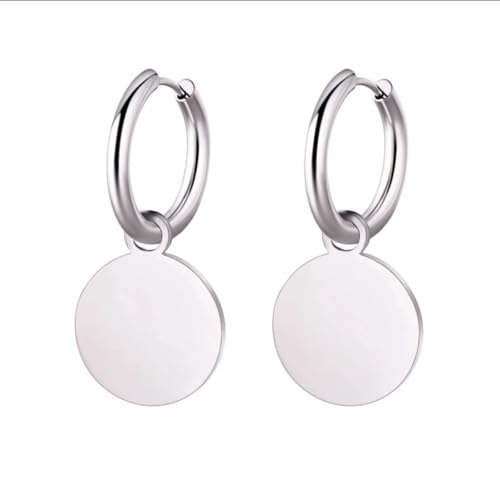 Karma OR1011 Edelstahl Damen Ohrringe Coin-Anhänger 3cm Silber schlichte Creolen mit rundem Plättchen moderner Ohrschmuck für Alltag & Anlass (Silber) von Sanixa