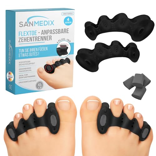 Sanmedix Zehenspreizer – 2 Paar Zehentrenner mit Plug-In System für Hallux Valgus, Ballenzehen & Zehenkorrektur – Silikon Toe Spacer für Damen & Herren (Schwarz, Einheitsgröße) von Sanmedix