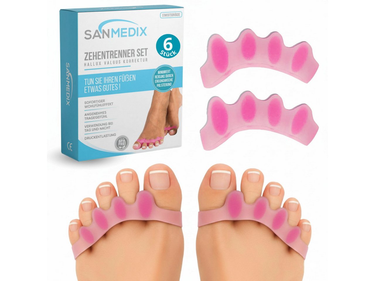 Sanmedix Zehenspreizer für alle Zehen - Zehentrenner aus Silikon für Damen & Herren, 3 Paar / 6 Stück, Zehenstrecker Korrektur Set gegen Hallux Valgus, Ballenzehen uvm. von Sanmedix
