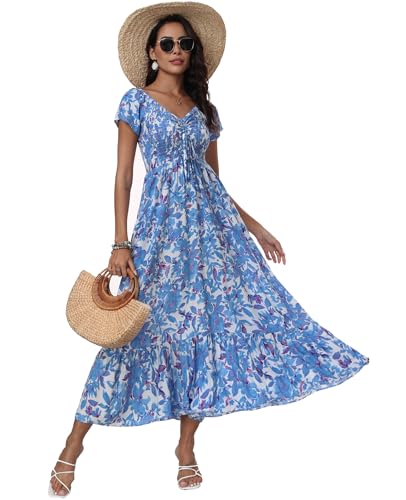 Damen Sommer Blumen Maxikleid Casual Kurzarm Flowy Boho Strand Party Langes Kleid, Blumen-Weiß, Blau, Groß von Sanmuzi
