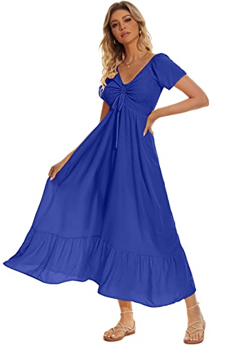 Damen Sommer Floral Maxi Kleid Casual Kurzarm Flowy Boho Strand Party Langes Kleid, Marineblau, Groß von Sanmuzi
