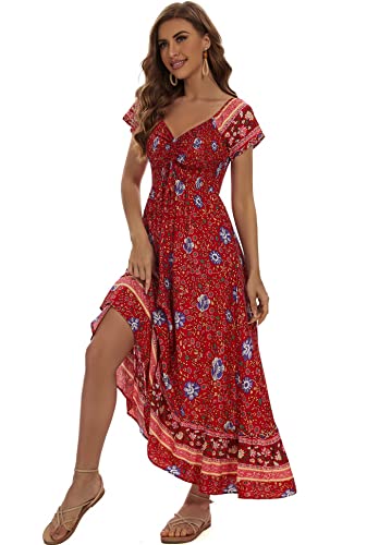 Damen Sommer Blumen Maxikleid Casual Kurzarm Flowy Boho Strand Party Langes Kleid, A-Blumenmuster, Rot, Mittel von Sanmuzi