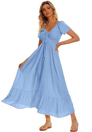 Damen Sommer Floral Maxi Kleid Casual Kurzarm Flowy Boho Strand Party Langes Kleid, Solides Hellblau, Groß von Sanmuzi