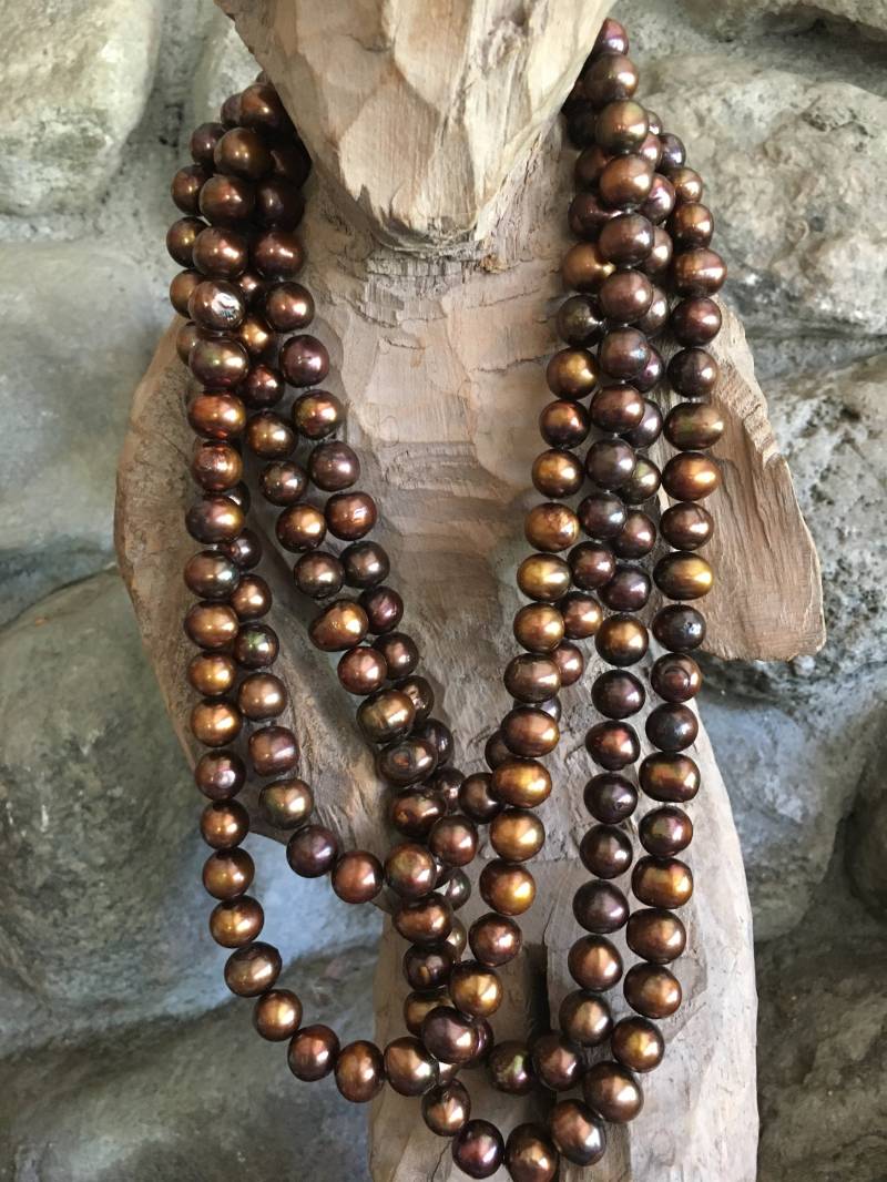 Perlenkette, Perle Juni Geburtsstein, Braun Kupfer Ton Süßwasserperlen Halskette, 10mm Barock Off Round Perlen Halskette von SanniesJewelry