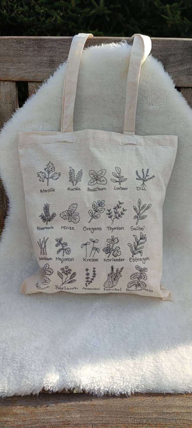 Jutebeutel Mit Handgemalten Kräutern, Nachhaltige Einkaufstasche Stofftasche Jutebeutel Mit Handgemalten Kräutern, Nachhaltige Einkaufstasche Stofftasche von SannisSideOfLife