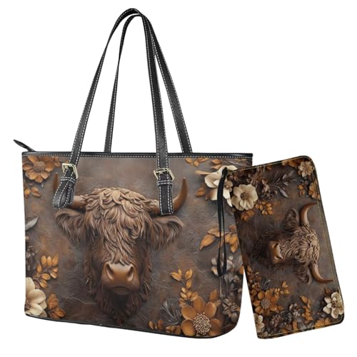 Sannovo Damen-Handtaschen-Set aus Leder, Geldbörse mit Handgelenk, Geldbörse oben Griff für Damen, Braun-Hochlandkuh mit Blumenmuster, 15.7*9.8*5.1 inches (Tote Handbag), 7.9*4.3*1 inches (Wristlet von Sannovo