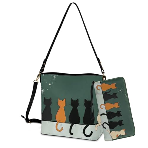 Sannovo Damen-Handtaschen aus Leder, 2er-Set, große Umhängetasche, Umhängetasche, Hobo-Tasche mit Geldbörse, Grüner Katzen-Druck Sannovo Damen-Handtaschen aus Leder, 2er-Set, große Umhängetasche, Umhängetasche, Hobo-Tasche mit Geldbörse, Grüner Katzen-Druck von Sannovo