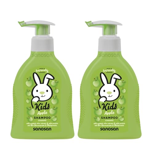 sanosan 2x Kindershaampoo Apfel 200 ml - Haar Shampoo Kinder & Babys mit Bio Olivenextrakt & Milchprotein - Haarpflege Kindershampoo für Mädchen & Junge - Kinder Shampoo von Sanosan