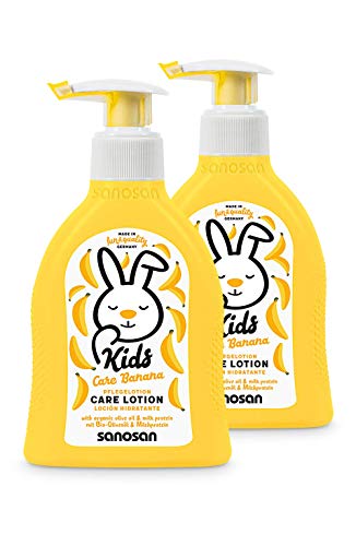 sanosan Pflegelotion Banane für Kinder - Lotion mit Bio Olivenöl & Milchprotein im 2er Pack (2x 200 ml) - Hautpflege, Bodylotion, Körperlotion, Körpermilch, Hautschutzlotion von Sanosan