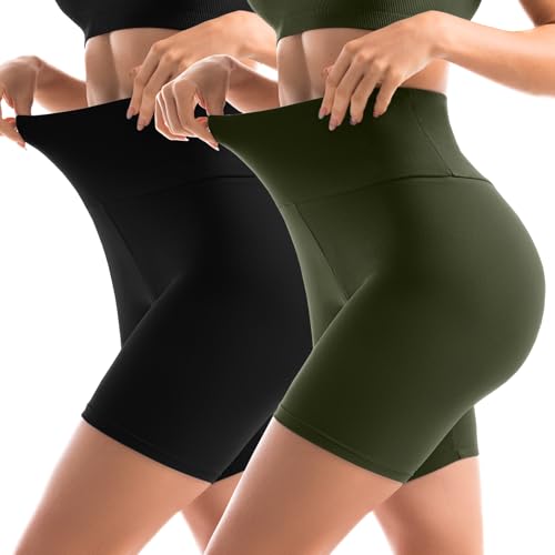 Sanpetix 2er Pack Radlerhose Damen High Waist Kurze Sporthose Leggings Blickdicht Shorts Sommer für Yoga Hose Gym Schwarz/Armeegrün von Sanpetix