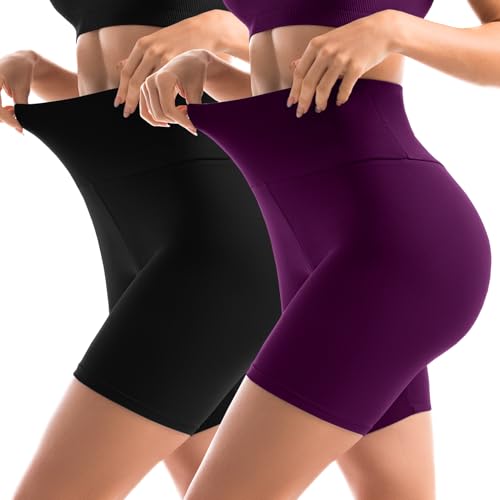 Sanpetix 2er Pack Radlerhose Damen High Waist Kurze Sporthose Leggings Blickdicht Shorts Sommer für Yoga Hose Gym Schwarz/Pflaumen-violett XXL von Sanpetix