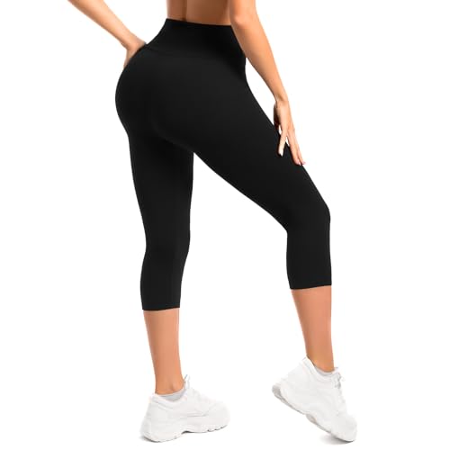 Sanpetix Capri Leggings Damen, High Waist Blickdicht 3/4 Leggins Schwarz für Sport 1 Pack LXL von Sanpetix