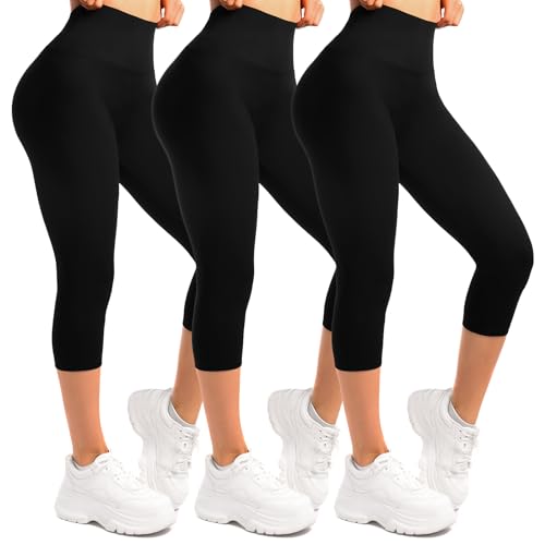 Sanpetix Capri Leggings Damen, High Waist Blickdicht 3/4 Leggins Schwarz für Sport 3 Pack LXL von Sanpetix