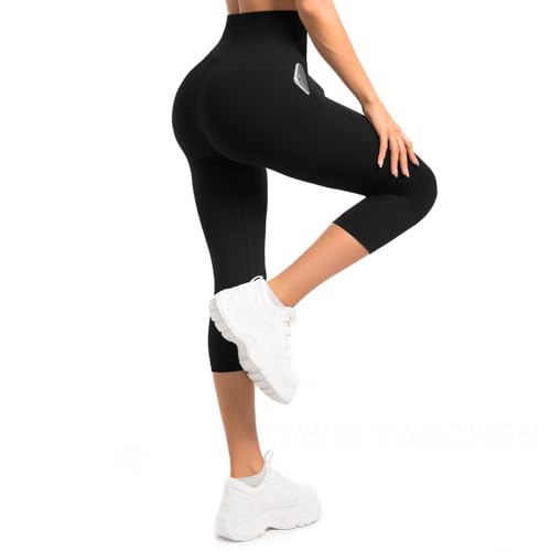 Sanpetix Capri Leggings Damen mit Taschen, 3/4 Sport Leggings Damen High Waist für Yoga Fitness Cycling Schwarz 1 Pack LXL von Sanpetix