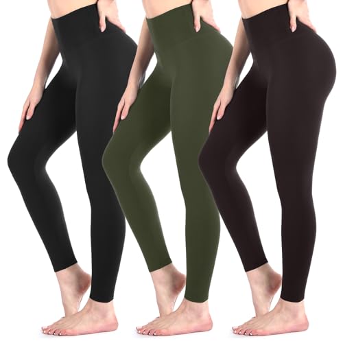 Sanpetix Leggings Damen, 3er Pack, High Waist Blickdicht Leggings für Damen Schwarz/Armeegrün/Kaffee LXL von Sanpetix