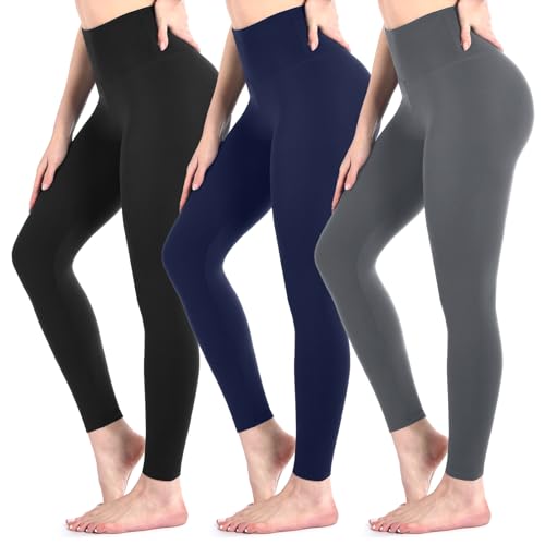 Sanpetix Leggings Damen, 3er Pack, High Waist Blickdicht Leggings für Damen Schwarz/Marineblau/Grau LXL von Sanpetix