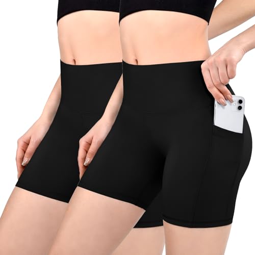 Sanpetix Radlerhose Damen mit Taschen High Waist Sporthose Damen Kurz Sport Shorts für Gym Schwarz 2 Pack XXL von Sanpetix