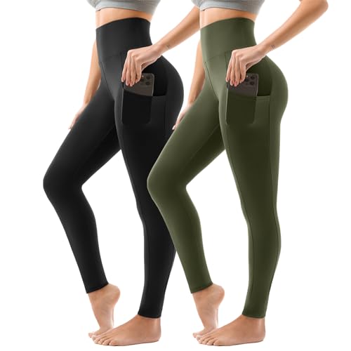Sanpetix Sport Leggings Damen High Waist, Sporthose Damen Lang Mit Taschen Für Gym Yoga 2er Pack LXL Schwarz/Armeegrün von Sanpetix