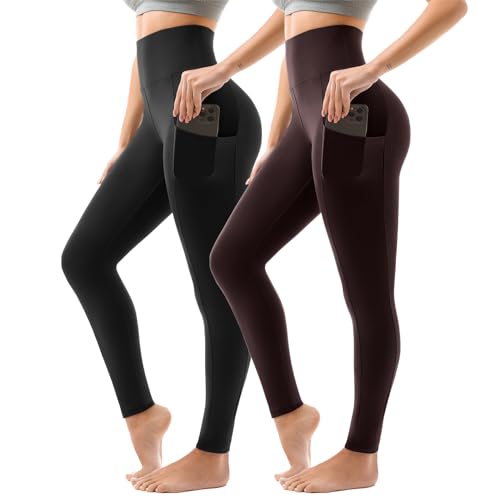 Sanpetix Sport Leggings Damen High Waist, Sporthose Damen Lang Mit Taschen Für Gym Yoga 2er Pack LXL Schwarz/Kaffee von Sanpetix