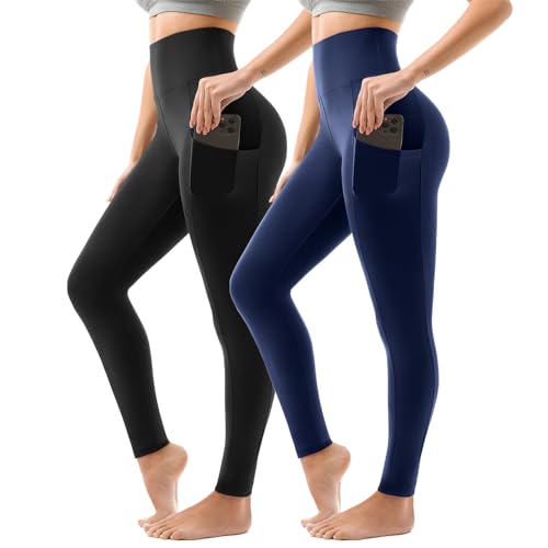 Sanpetix Sport Leggings Damen High Waist, Sporthose Damen Lang Mit Taschen Für Gym Yoga 2er Pack LXL Schwarz/Marineblau von Sanpetix