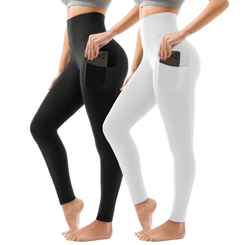 Sanpetix Sport Leggings Damen High Waist, Sporthose Damen Lang Mit Taschen Für Gym Yoga 2er Pack LXL Schwarz/Weiß von Sanpetix