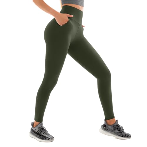 Sanpetix Sport Leggings mit Taschen Damen, High Waist Sporthose Damen Lang 1 Pack Armeegrün LXL von Sanpetix