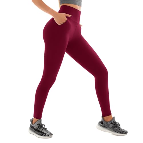 Sanpetix Sport Leggings mit Taschen Damen, High Waist Sporthose Damen Lang 1 Pack Weinrot LXL von Sanpetix