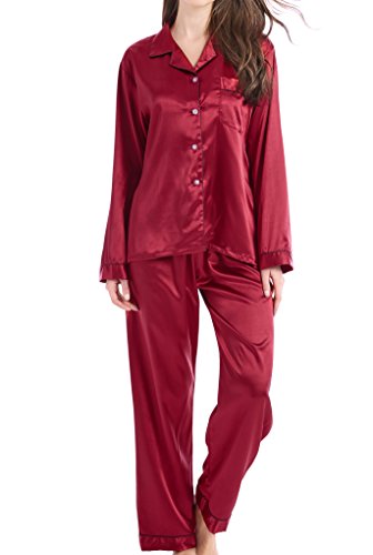 Damen Schlafanzug Pyjama Satin Lang Nachtwäsche Set Klassische Loungewear (Burgunder mit schwarzer Linie, L) von Sanraflic