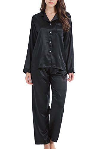 Damen Schlafanzug Pyjama Satin Lang Nachtwäsche Set Klassische Loungewear (Schwarz, XL) von Sanraflic