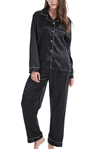 Damen Schlafanzug Pyjama Satin Lang Nachtwäsche Set Klassische Loungewear (Schwarz mit weißer Linie, M) von Sanraflic