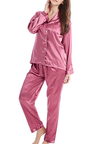 Damen Schlafanzug Pyjama Satin Lang Nachtwäsche Set Klassische Loungewear (Beere, M) von Sanraflic