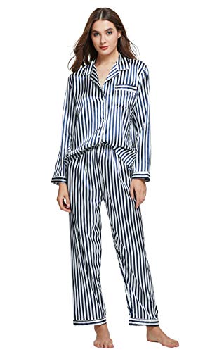 Damen Schlafanzug Pyjama Satin Lang Nachtwäsche Set Klassische Loungewear (Blau weiß Gestreift, L) von Sanraflic