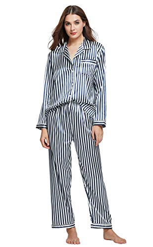 Damen Schlafanzug Pyjama Satin Lang Nachtwäsche Set Klassische Loungewear (Blau weiß Gestreift, S) von Sanraflic