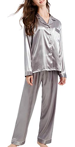 Damen Schlafanzug Pyjama Satin Lang Nachtwäsche Set Klassische Loungewear (Grau, L) von Sanraflic