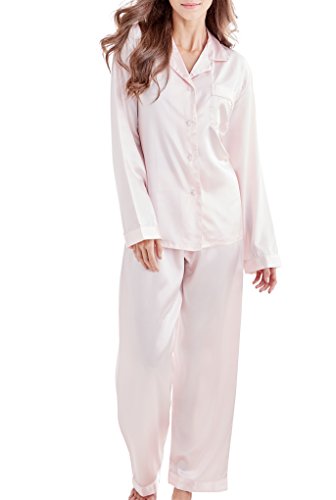 Damen Schlafanzug Pyjama Satin Lang Nachtwäsche Set Klassische Loungewear (Rosa, M) von Sanraflic