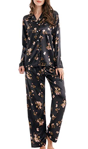 Damen Schlafanzug Pyjama Satin Lang Nachtwäsche Set Klassische Loungewear (Schwarze Blumen, L) von Sanraflic